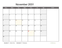 November 2031 Calendar with Notes