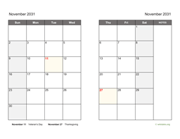 November 2031 Calendar on two pages