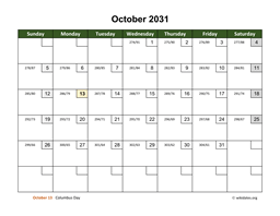 October 2031 Calendar with Day Numbers