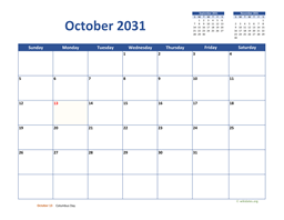 October 2031 Calendar Classic