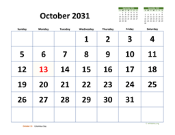 October 2031 Calendar with Extra-large Dates