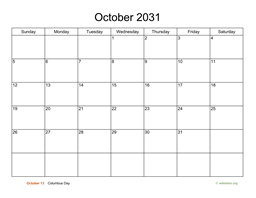 Basic Calendar for October 2031