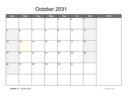 October 2031 Calendar with Notes