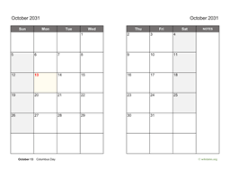 October 2031 Calendar on two pages