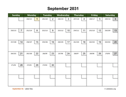 September 2031 Calendar with Day Numbers