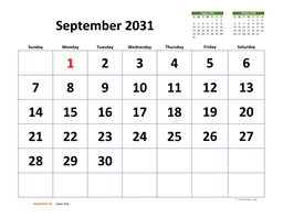 September 2031 Calendar with Extra-large Dates