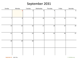 September 2031 Calendar with Bigger boxes