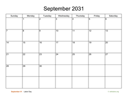 Basic Calendar for September 2031