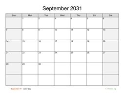 September 2031 Calendar with Weekend Shaded