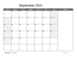 September 2031 Calendar with Notes