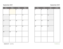 September 2031 Calendar on two pages