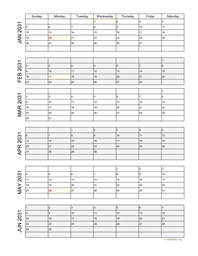 six months 2031 calendar vertical