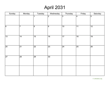 Basic Calendar for April 2031