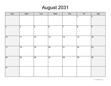 August 2031 Calendar with Weekend Shaded