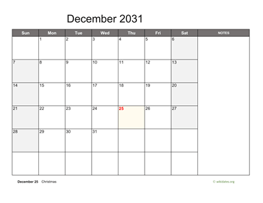 December 2031 Calendar with Notes