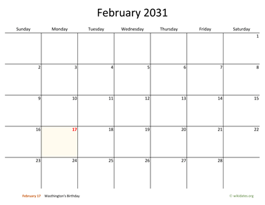 February 2031 Calendar with Bigger boxes