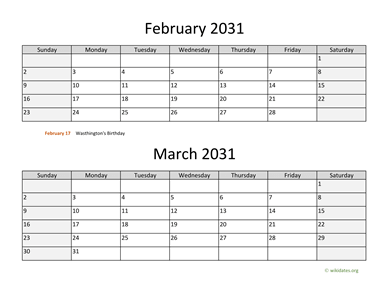 February and March 2031 Calendar Horizontal