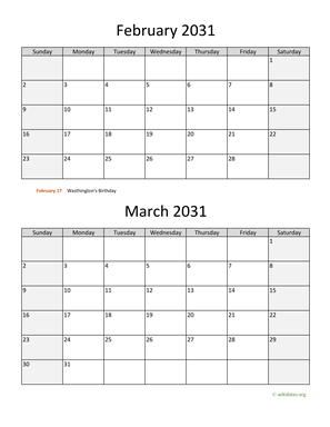 February and March 2031 Calendar Vertical