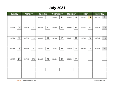 July 2031 Calendar with Day Numbers