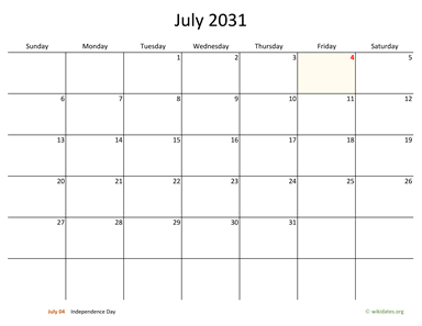 July 2031 Calendar with Bigger boxes