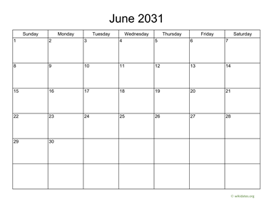 Basic Calendar for June 2031