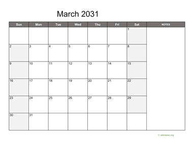 March 2031 Calendar with Notes