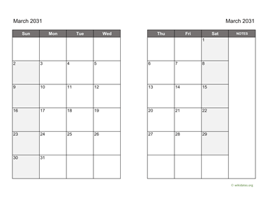 March 2031 Calendar on two pages