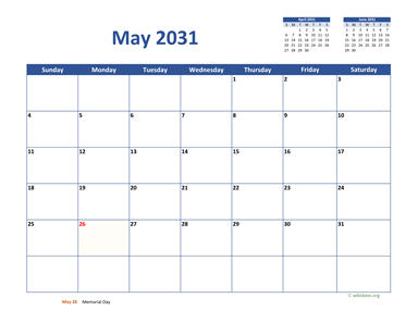 May 2031 Calendar Classic
