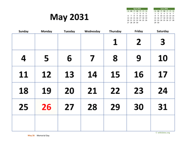 May 2031 Calendar with Extra-large Dates