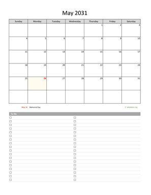 May 2031 Calendar with To-Do List