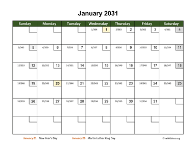 Monthly 2031 Calendar with Day Numbers