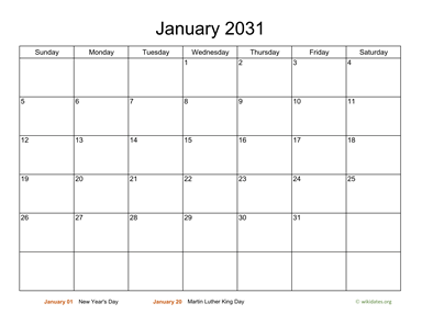 Monthly Basic Calendar for 2031