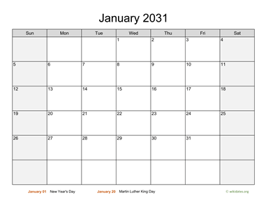 Monthly 2031 Calendar with Weekend Shaded