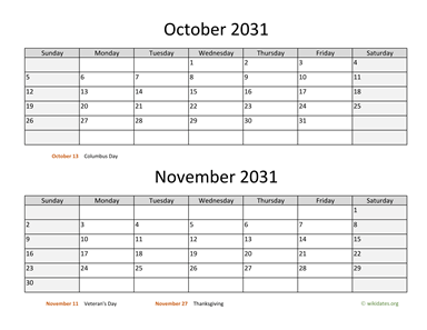 October and November 2031 Calendar Horizontal