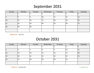 September and October 2031 Calendar Horizontal