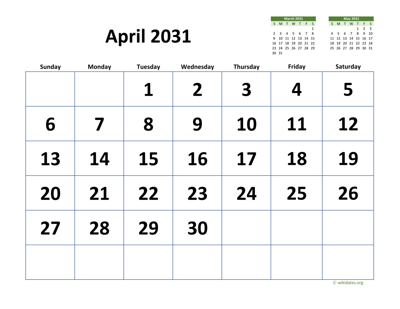 April 2031 Calendar With Extra Large Dates