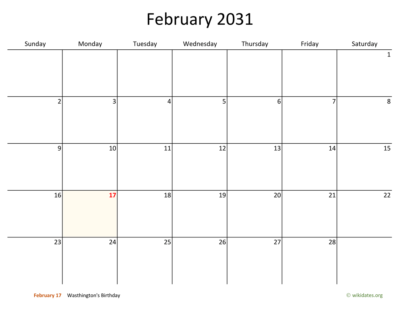 February 2031 Calendar with Bigger boxes