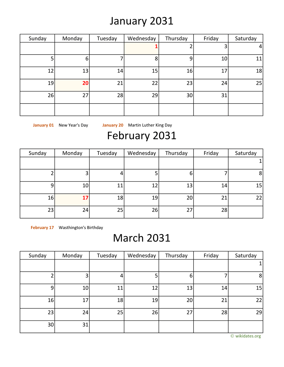 Printable 2031 Calendar