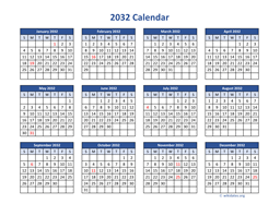 2032 Calendar in PDF