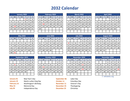 PDF Calendar 2032 with Federal Holidays