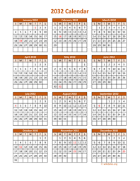 Full Year 2032 Calendar on one page