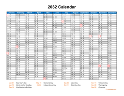 2032 Calendar Horizontal, One Page