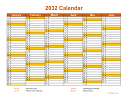 2032 Calendar on 2 Pages, Landscape Orientation