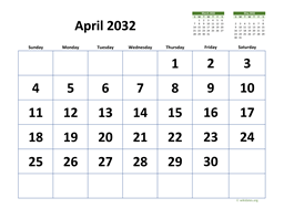 April 2032 Calendar with Extra-large Dates