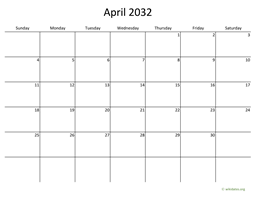 April 2032 Calendar with Bigger boxes
