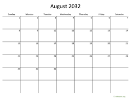 August 2032 Calendar with Bigger boxes