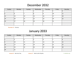 December 2032 and January 2033 Calendar