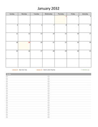 January 2032 Calendar with To-Do List