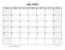 July 2032 Calendar with Weekend Shaded