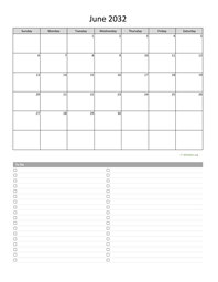 June 2032 Calendar with To-Do List